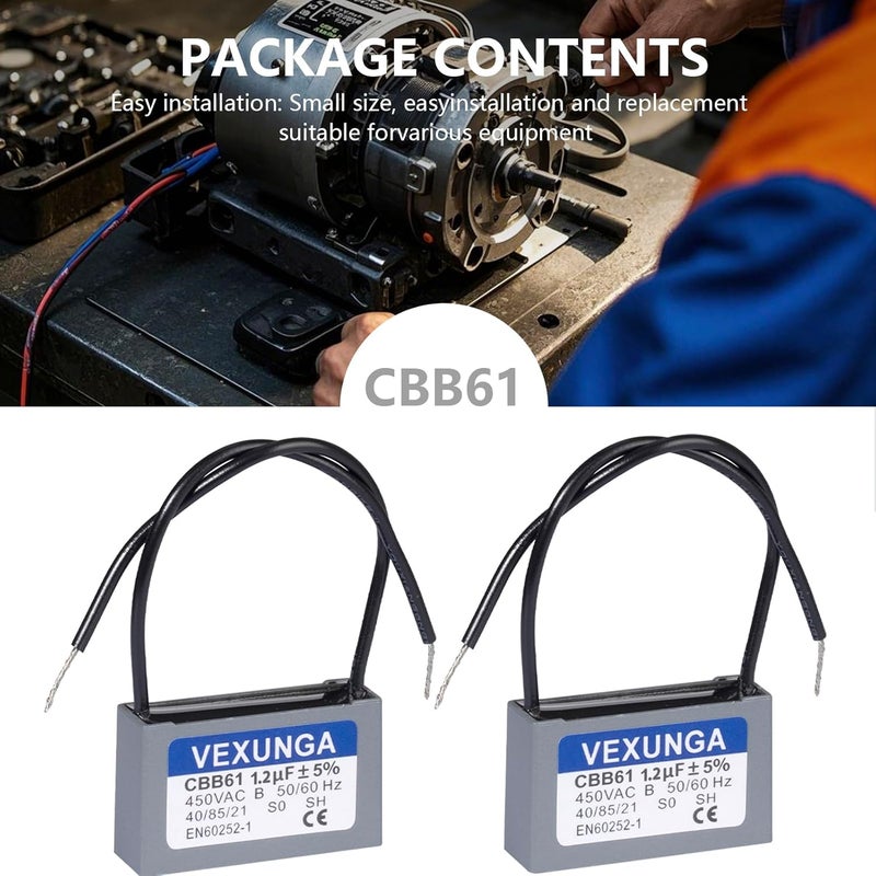 VEXUNGA CBB61 Fan Capacitor 1.2uF 450 Volt Ceiling Fan Capacitors Replacement 1.2MFD 450V AC 450VAC 50/60Hz 2Wire for Fans Motor Start Run (2Pcs) - Image 3